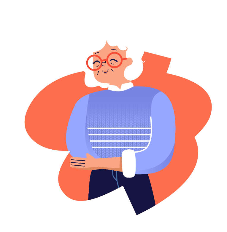 Personne âgée souriante avec chandail bleu.