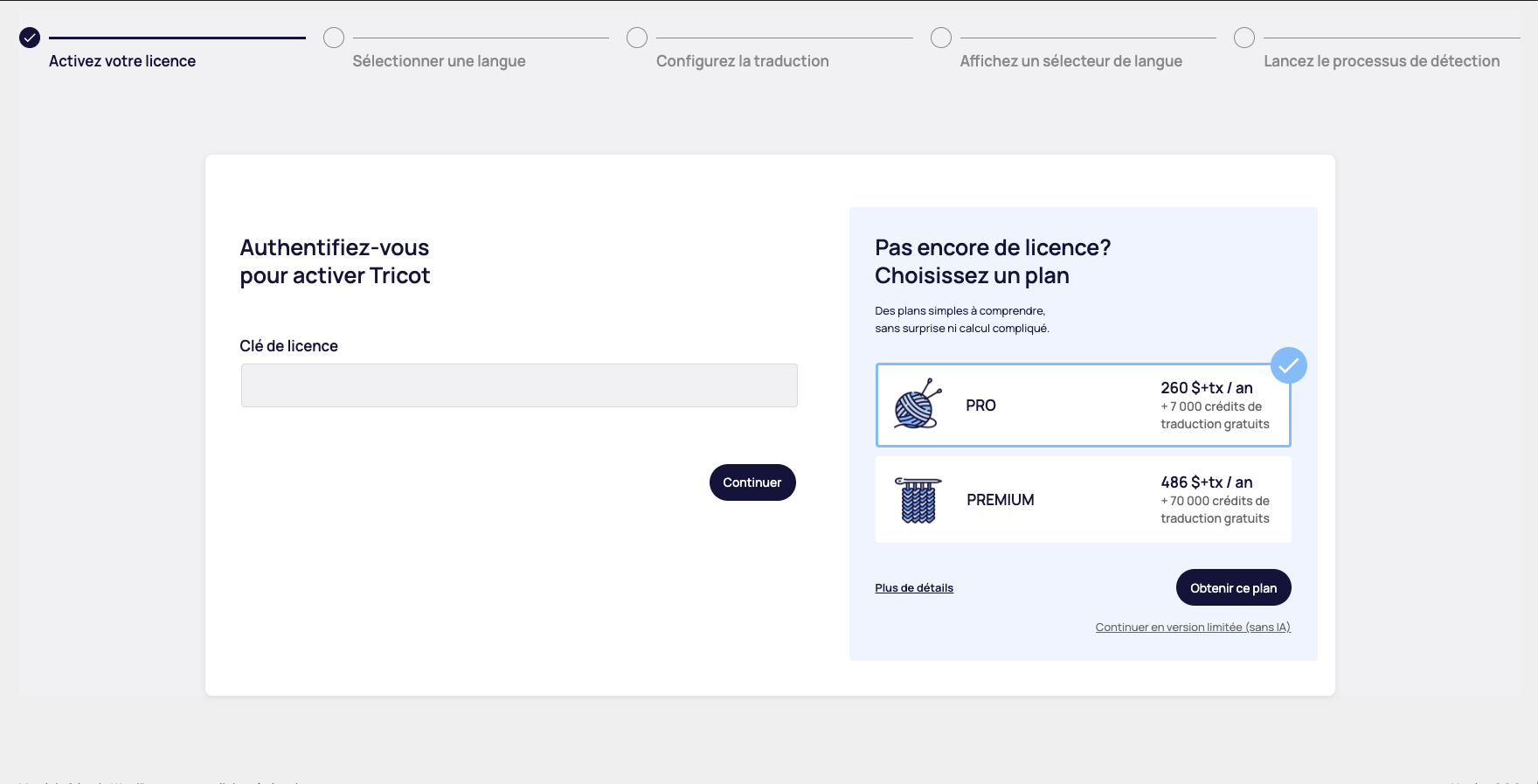 Page d’activation de licence Tricot avec options d’abonnement