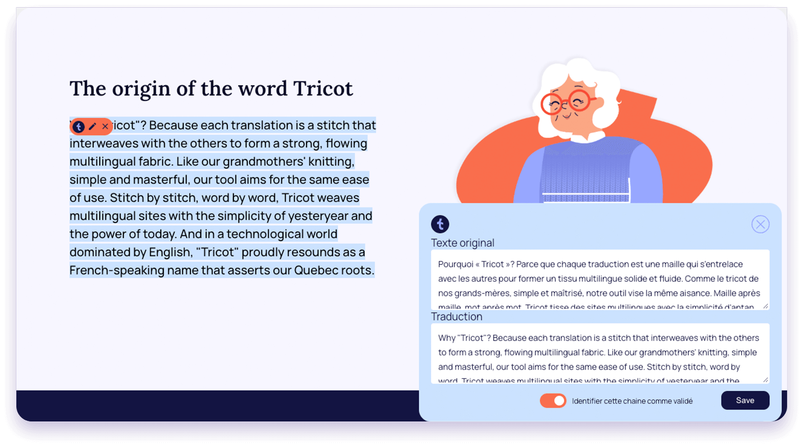 Illustration d'une grand-mère tricotant avec texte bilingue