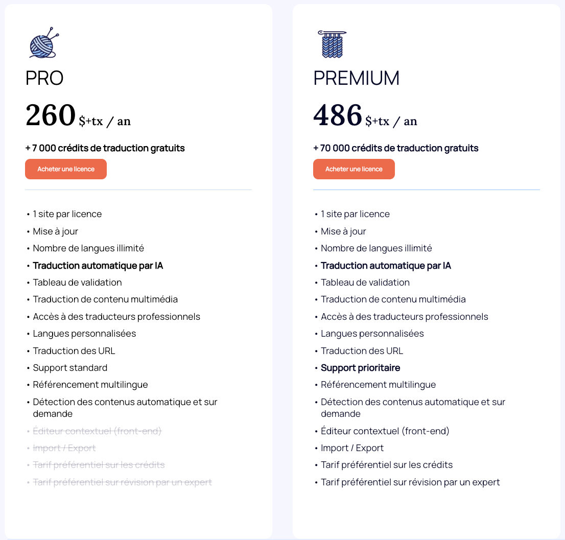 Comparaison des forfaits Pro et Premium de traduction