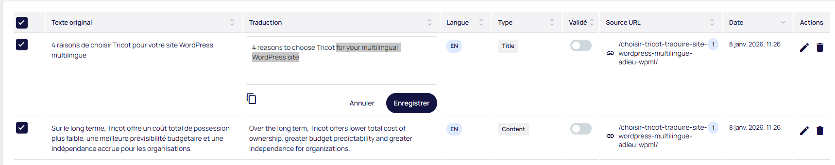 Interface de traduction WordPress multilingue avec Tricot