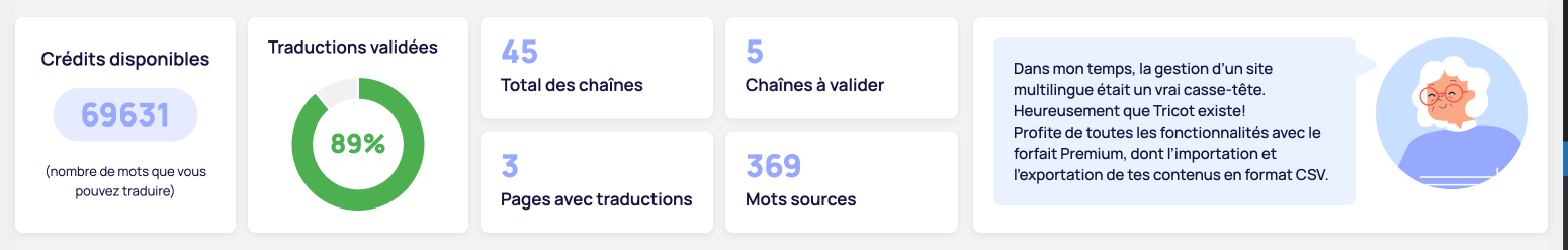 Tableau de bord des statistiques de traduction